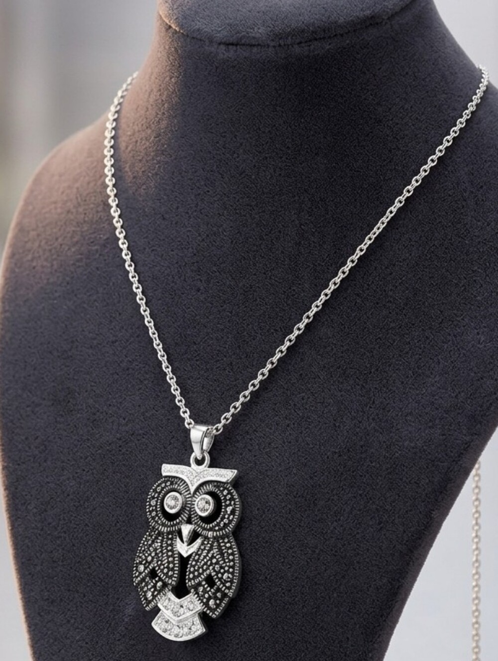 Silver & Marcasite owl necklace pendant with rhinestone crystals NWT